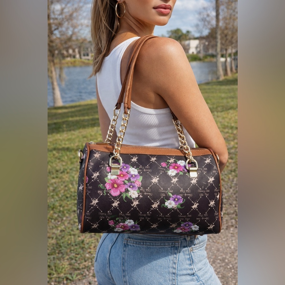 Beverly Hills Polo Club Y2K Floral Monogram Barrel Bag Gold Chain Shoulder Purse